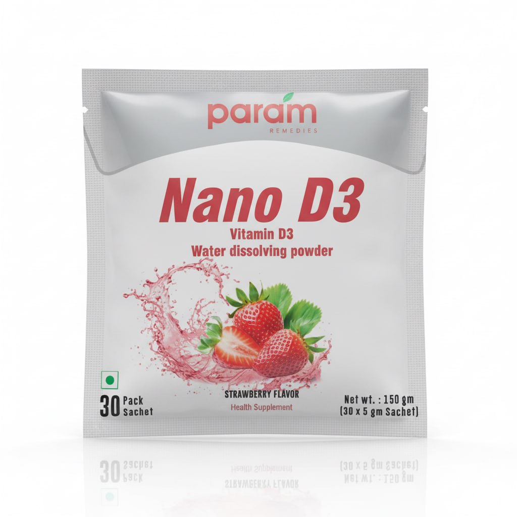 Param Remedies Nano D3 – Vitamin D3 Water-Dissolving Powder (Strawberry Flavour, 30 Sachets)