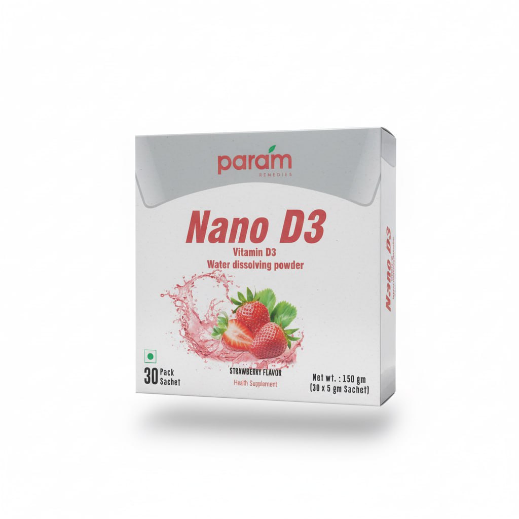 Param Remedies Nano D3 – Vitamin D3 Water-Dissolving Powder (Strawberry Flavour, 30 Sachets)